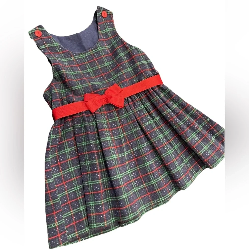 Nursery Rhyme 3T girls blue green‎ plaid jumper dress-red grosgrain bow VTG